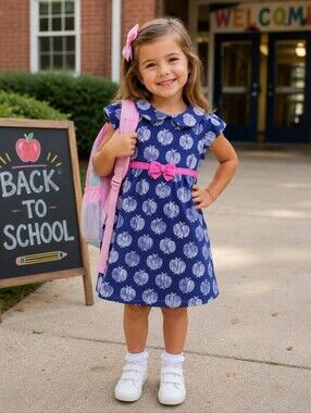 Gymboree Girls Size 4T Dress Navy Blue Apples Pink Ribbon Waist